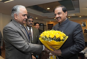 The Governor of Arunachal Pradesh, Lt. Gen (Retd) Nirbhay Sharma with the Minister of State for Culture (Independent Charge), Tourism (Independent Charge) and Civil Aviation, Dr. Mahesh Sharma, in New Delhi on January 15, 2015